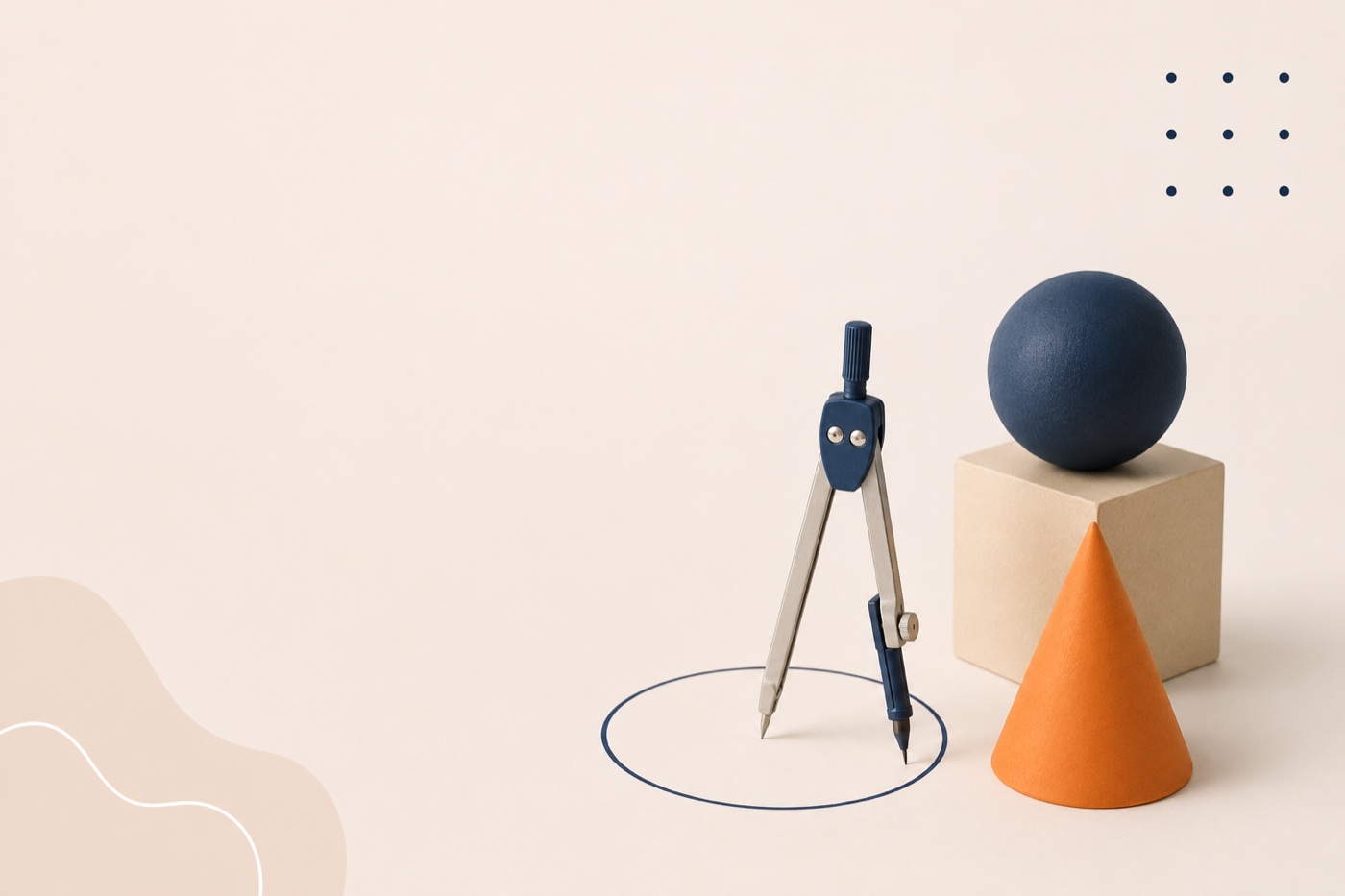 Compasso e sólidos geométricos em tons azul, laranja e areia